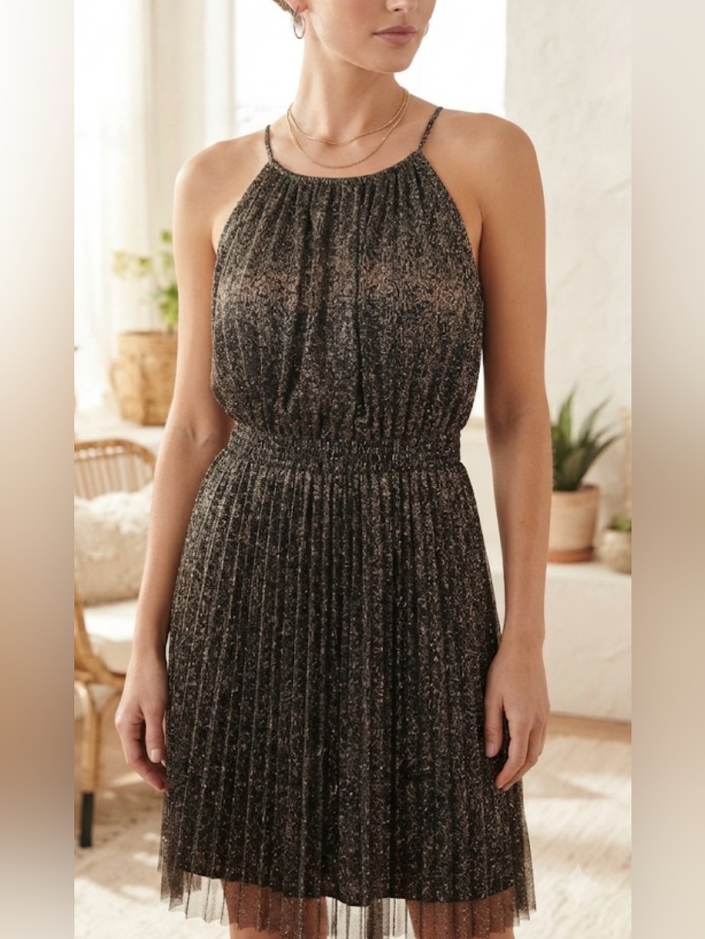 Metallic Gold Pleated Halter Midi Dress 2x